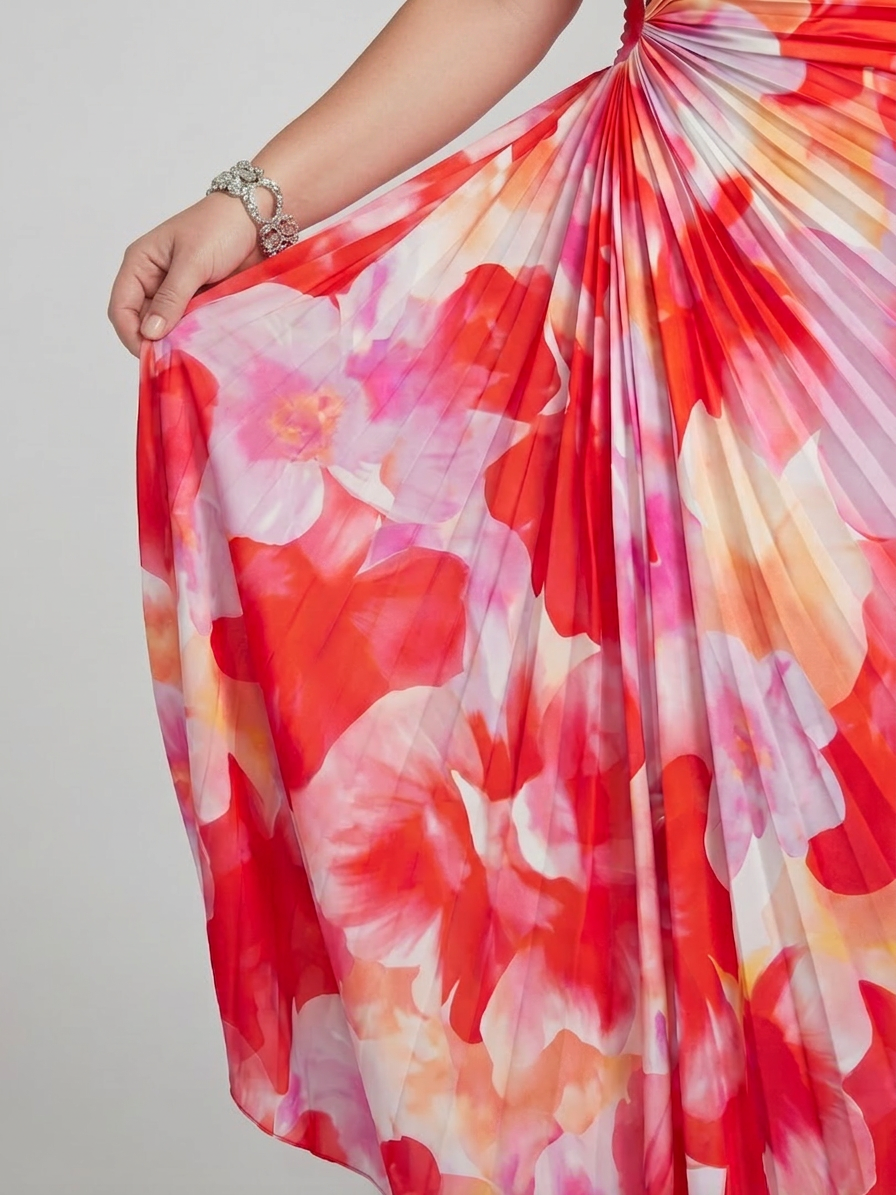 Taya | One Shoulder Pleated Bodice Midi Dress - Plus size model