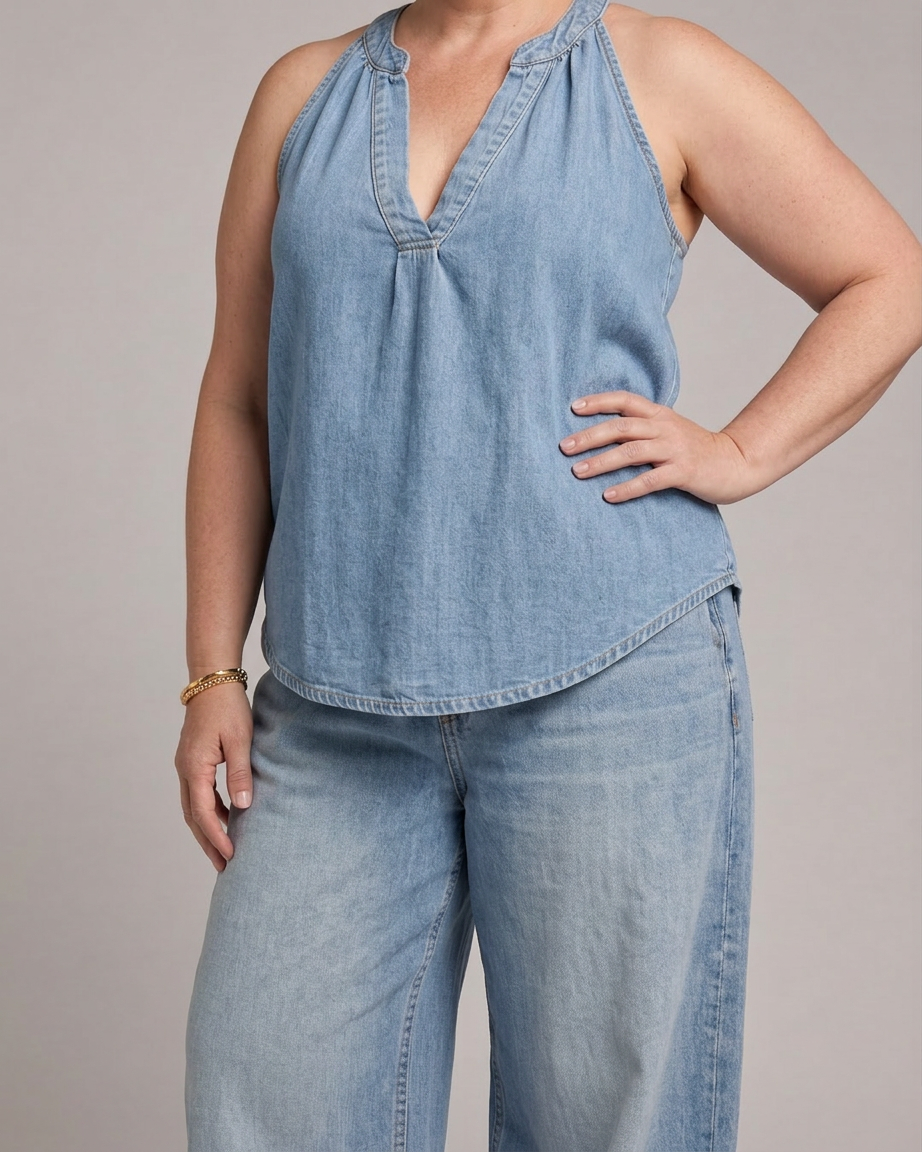 Zorelle | Halter Neck Denim Top And Wide Leg Pants Set - Plus size model
