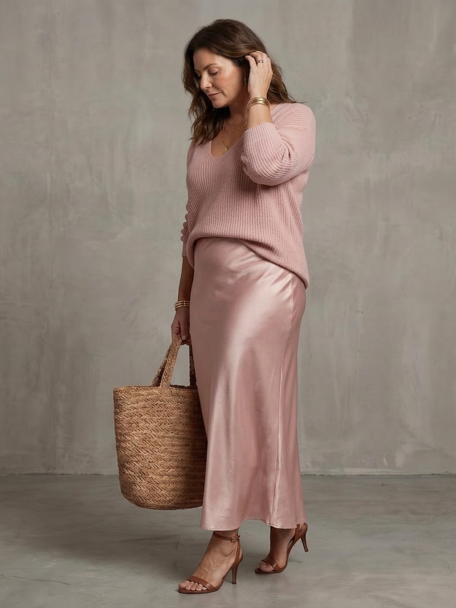 Luciana | Bias Fall Satin Skirt Knit Layer Set - Plus size model