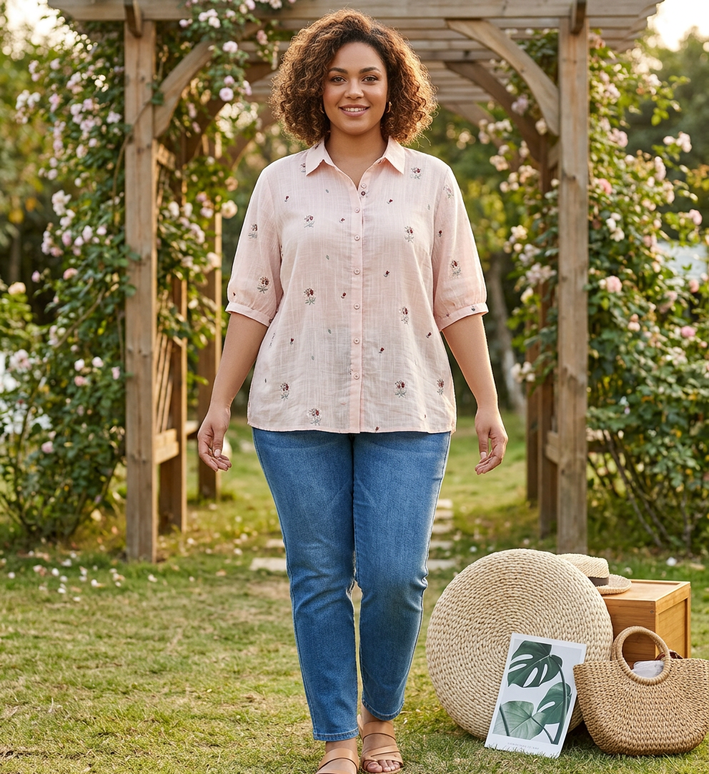 Chloe - Cotton Floral Embroidered Comfortable Shirt - Plus size model