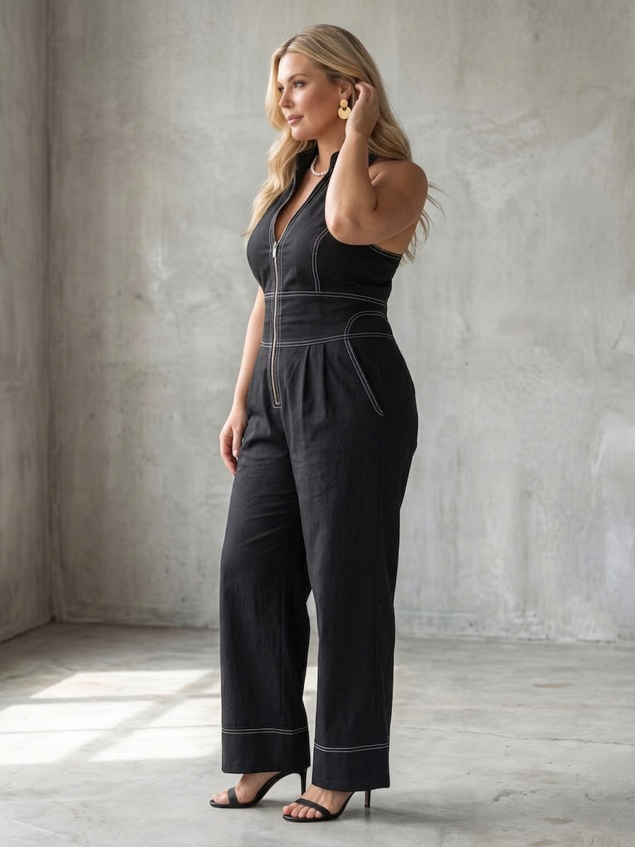Dara | Zip Front Contrast Stitch Wide Leg Jumpsuit - Plus size model