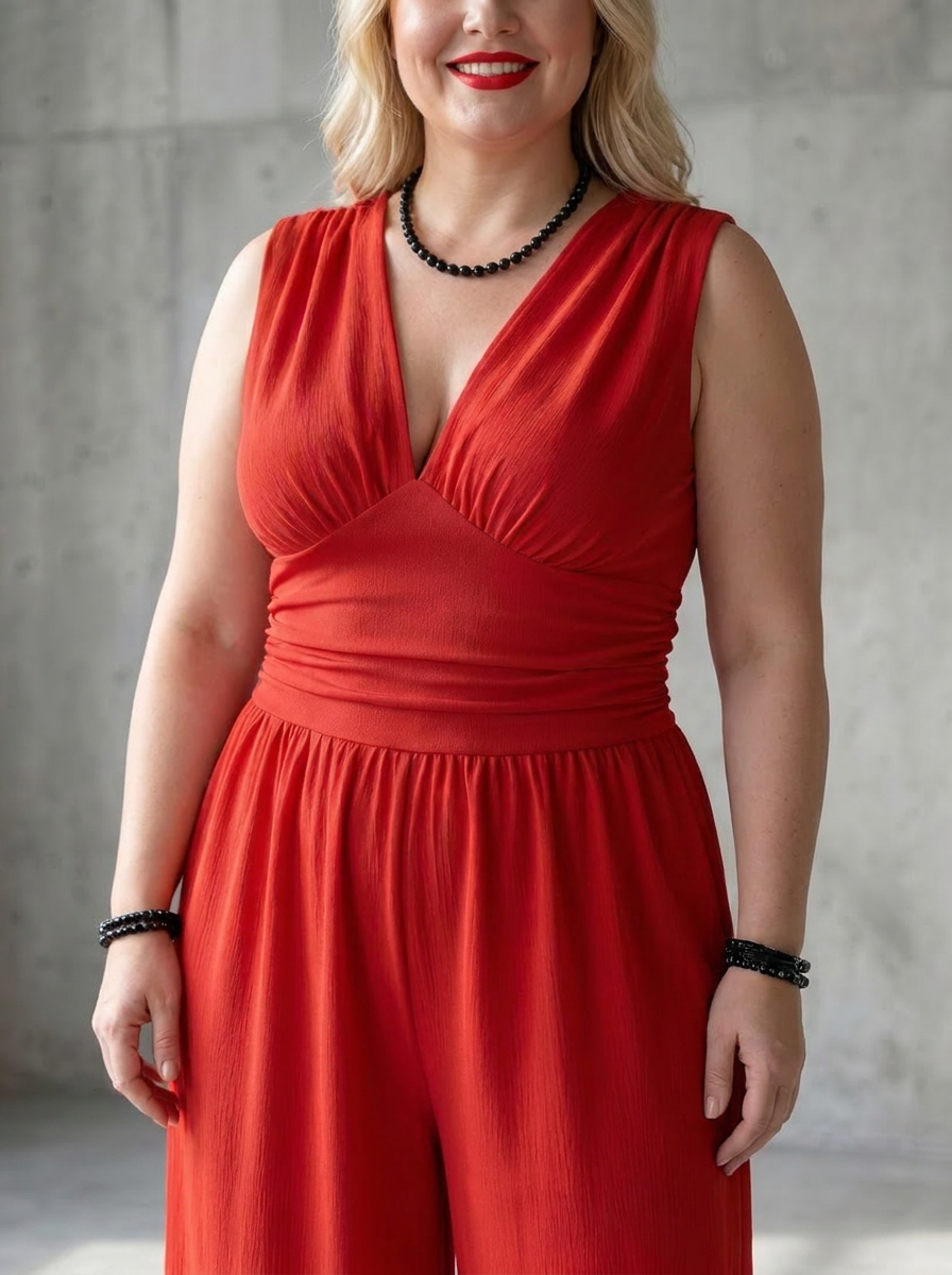 Vincenza | Deep V Waist Defined Wide Leg Jumpsuit - Plus size model