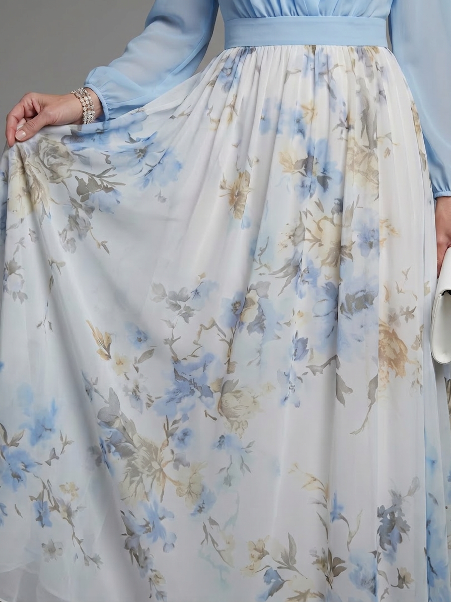 Augusta | V Neck Sheer Bodice Floral Maxi Dress - Plus size model