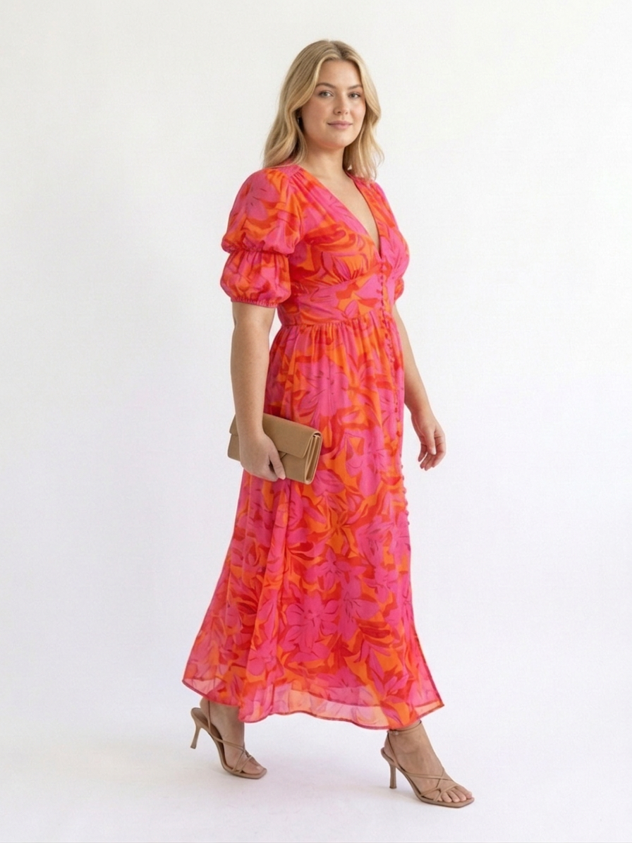 Willow | Floral V Neck Puff Sleeve Midi Dress - Plus size model