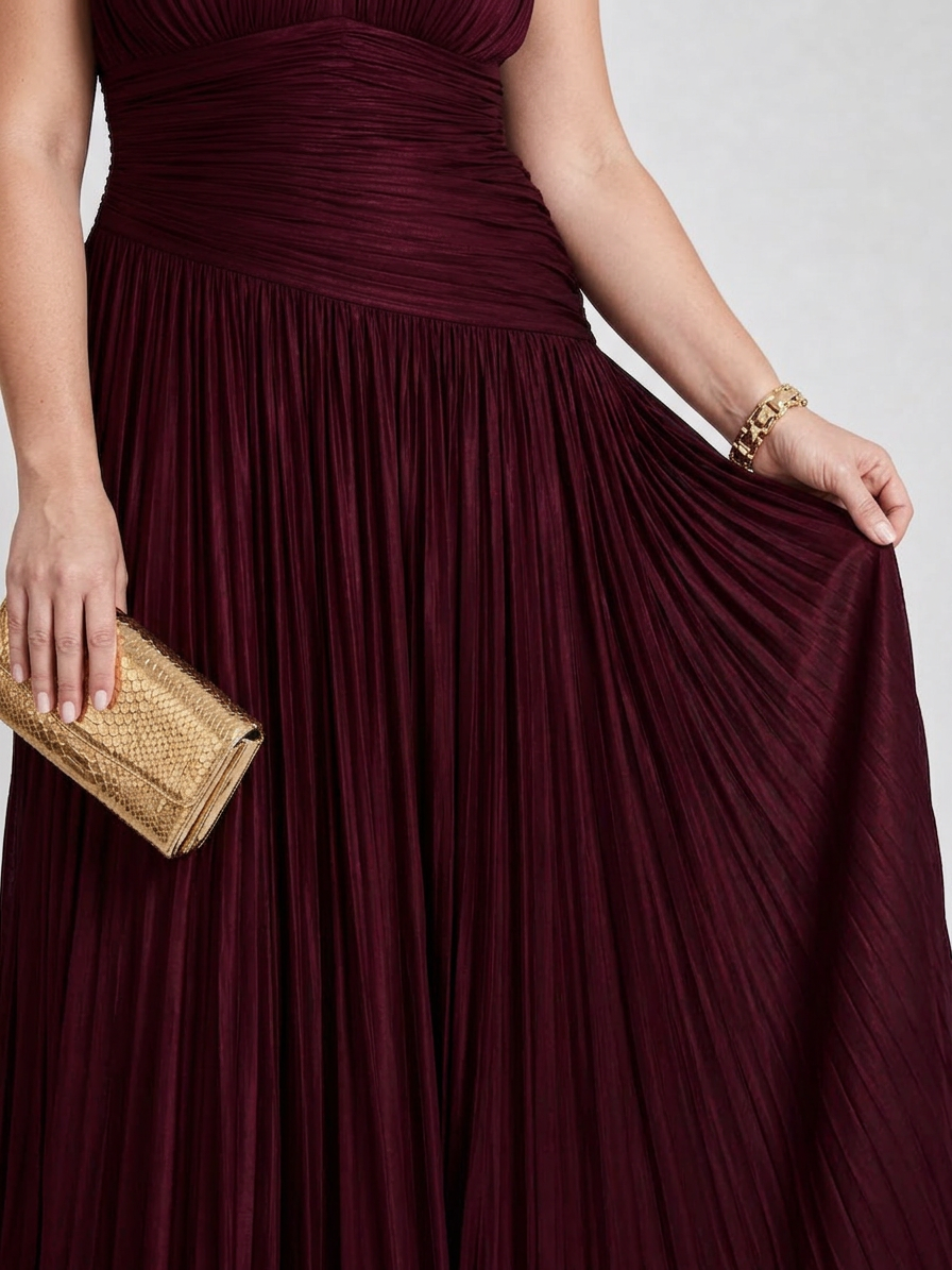 Lemar | Sleeveless Pleated V Neck Midi Dress - Plus size model