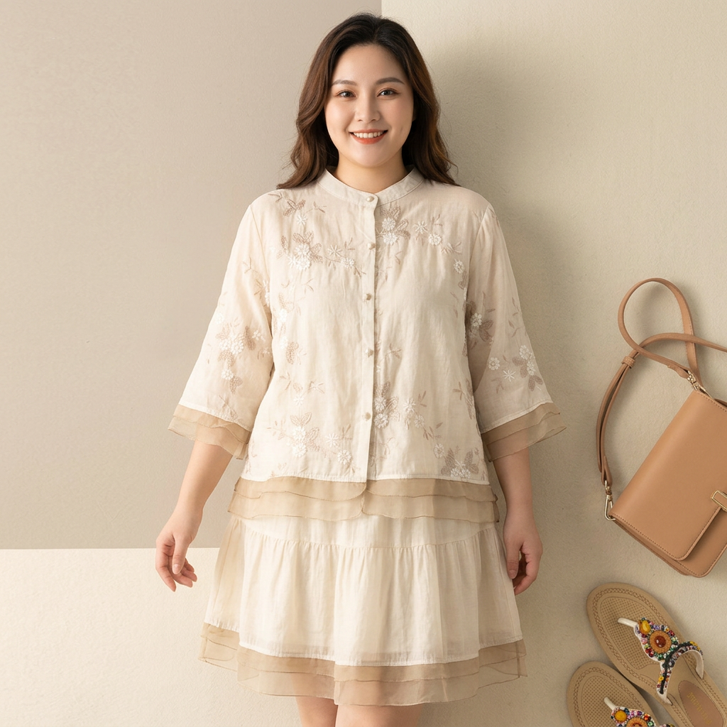Lily - Pure Cotton Embroidered Shirt - Plus size model