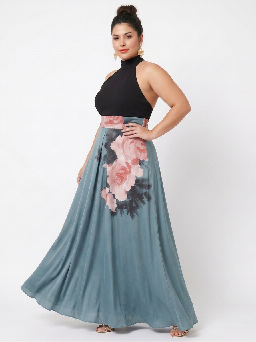 Olympas | Halter Bodice Floral Skirt Maxi Dress - Plus size model