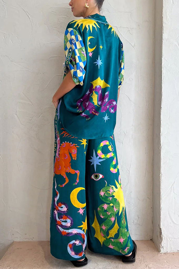 Pierson - Linen Blend Unique Print Elastic Waist Pocketed Wide Leg Pants