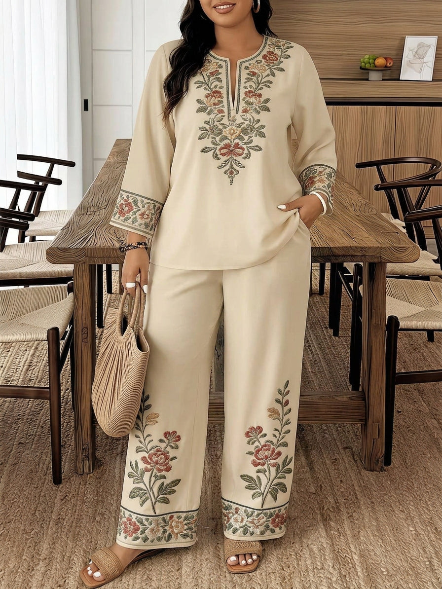 Women's Embroidered Two-Piece Lounge Set - Plus size model