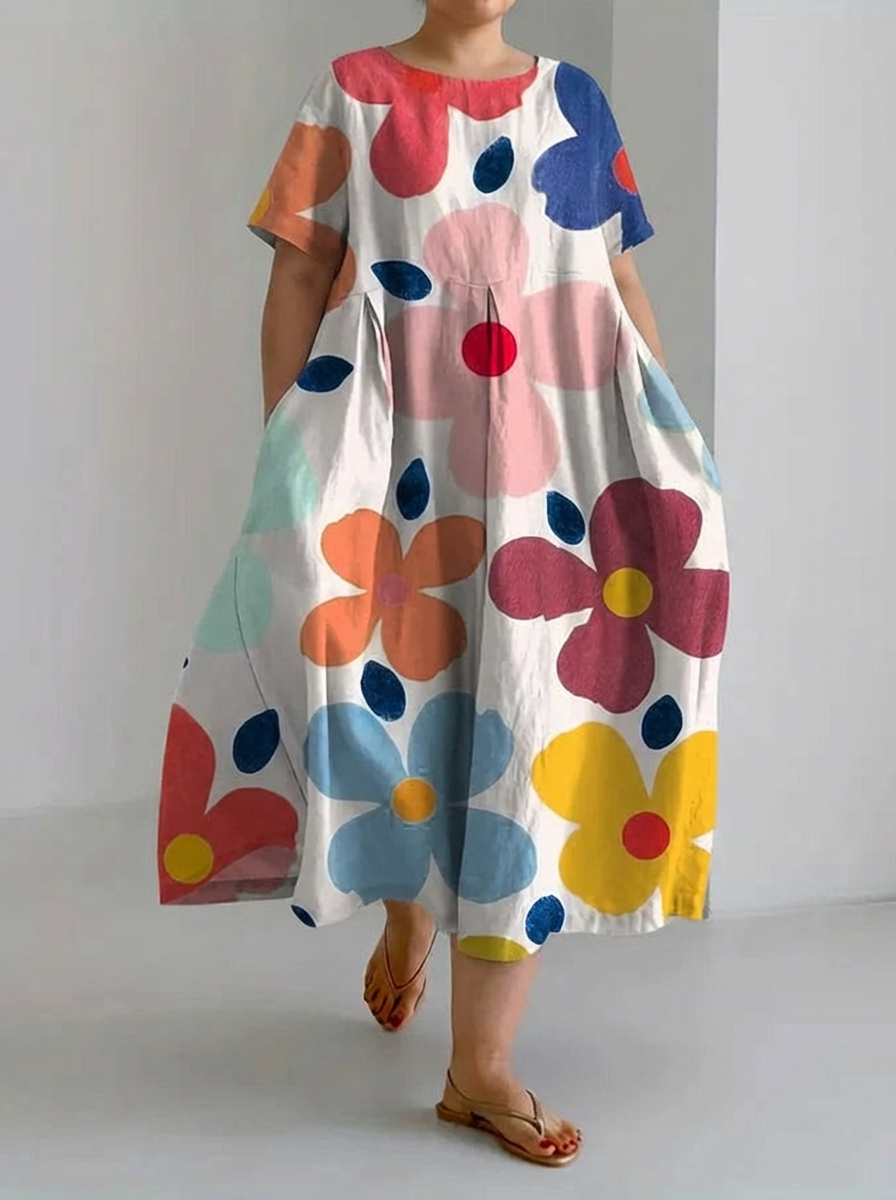 Women's Retro Botanical Floral Design Printed Casual Loose Dress - Plus size model