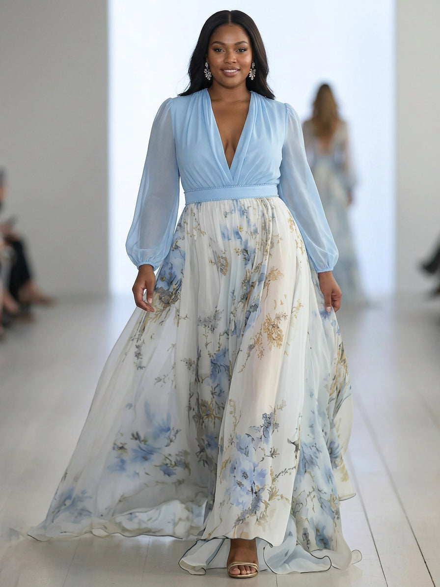 Madeleine | Stunning Floral Print V-Neck Maxi Dress - Plus size model
