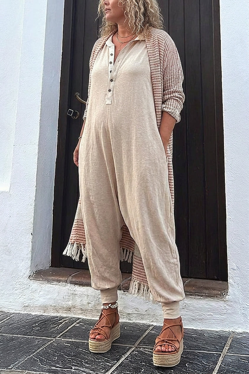 Kendall - Ryker Pocketed Half Button Hooded Jumpsuit - Plus size model