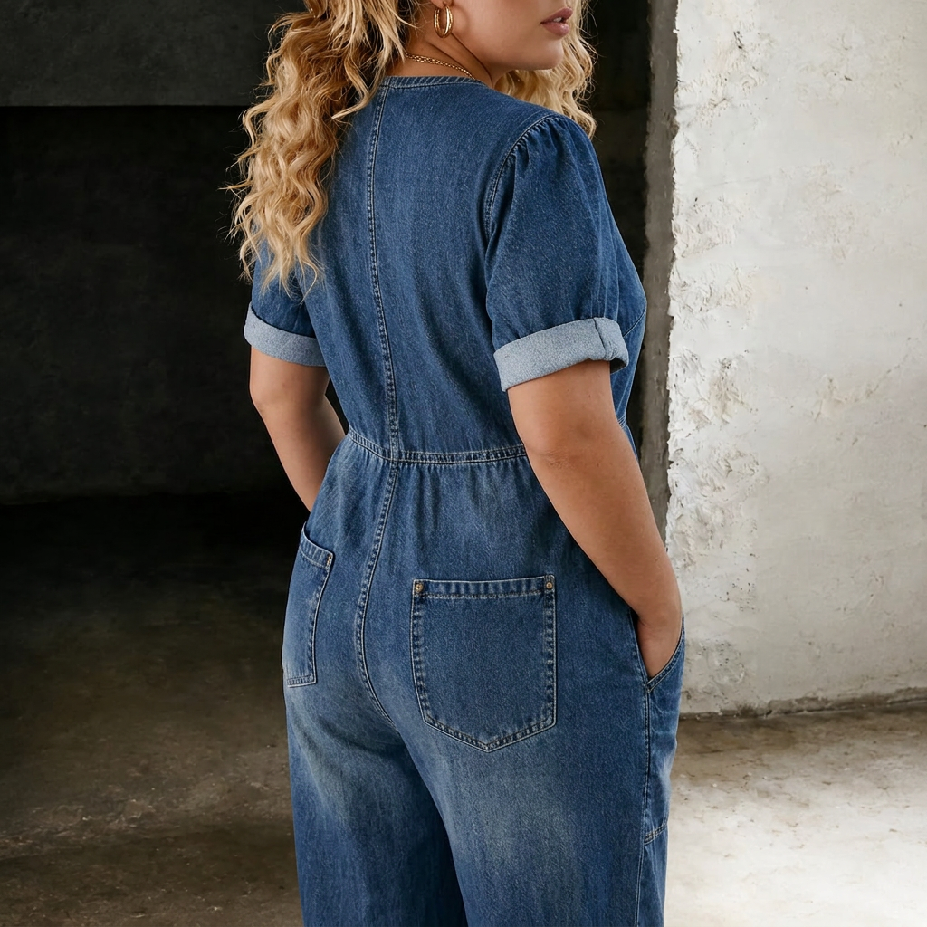 Maya | Wide Leg Denim Jumpsuit - Plus size model