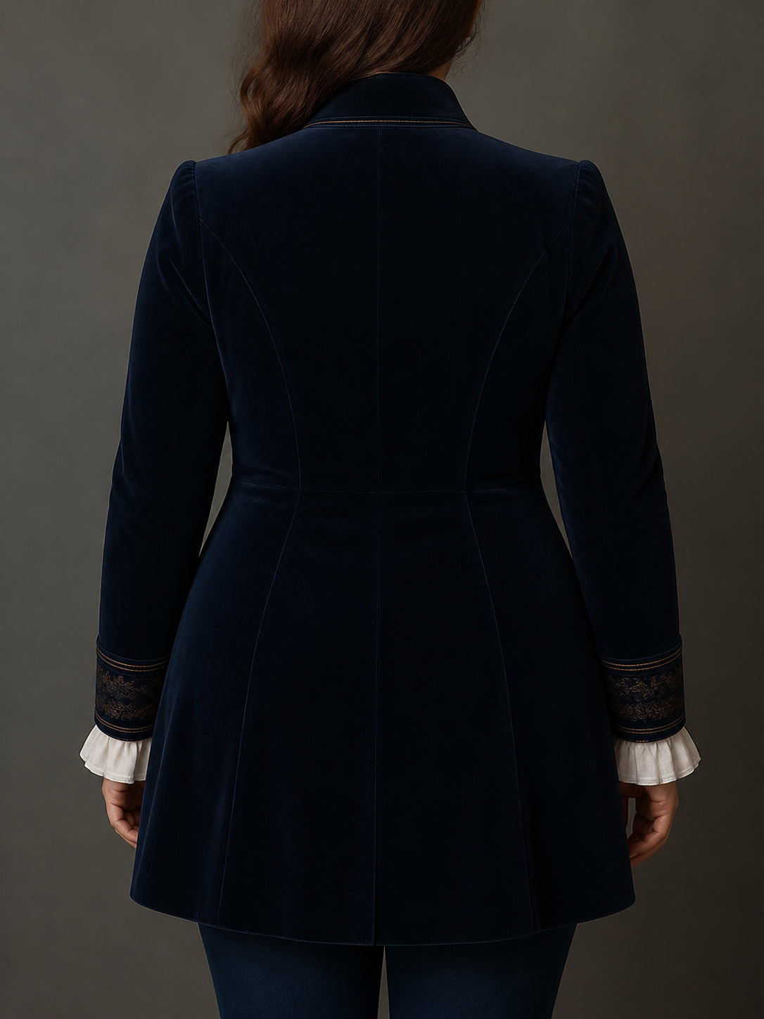 Women’s Vintage Navy Embroidered Longline Jacket - Plus size model