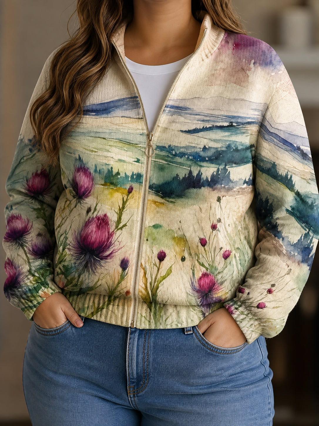 Linda | Artistic Zip Cardigan - Plus size model