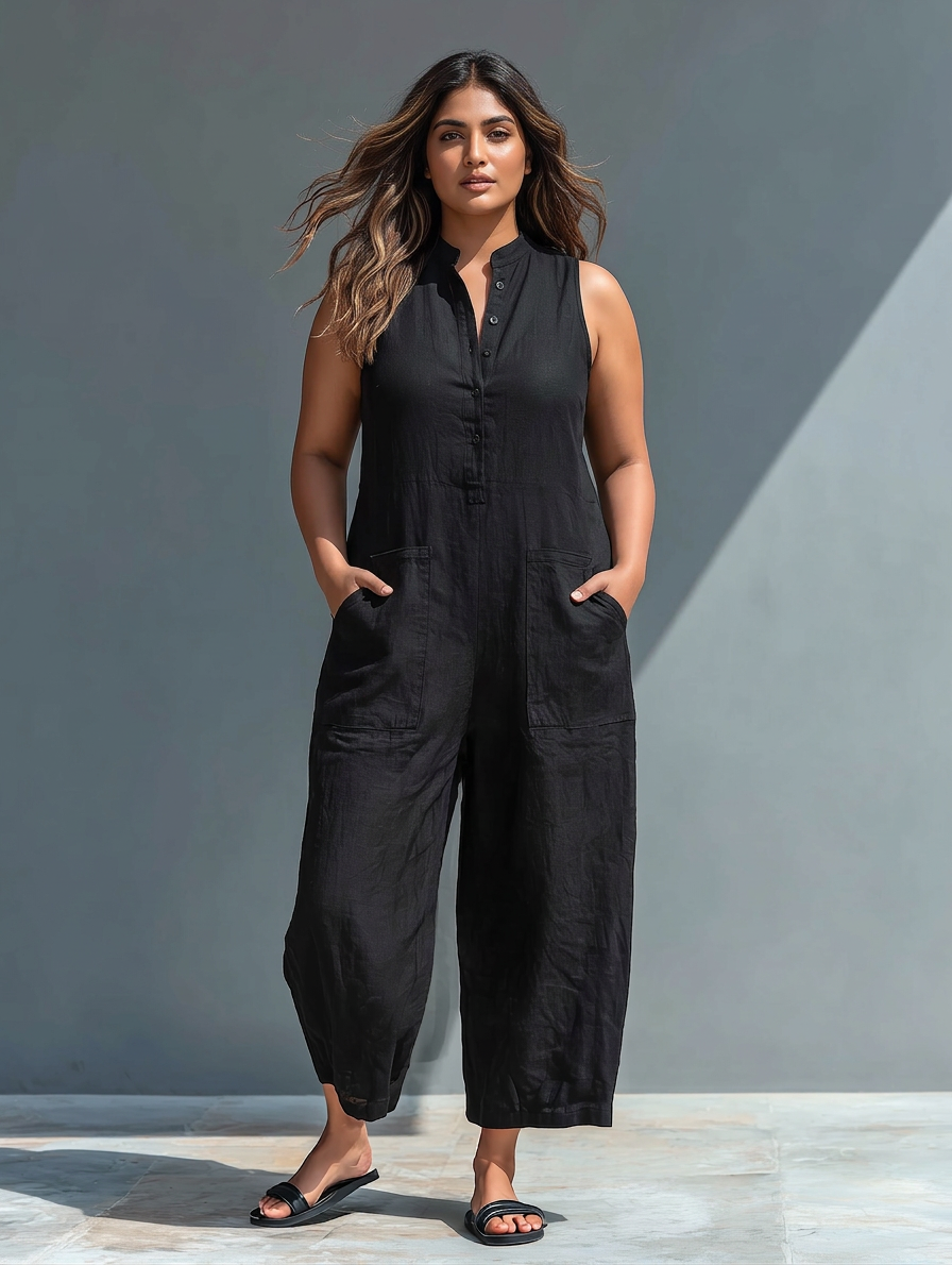 Sleeveless Minimalist Jumpsuit for Women with High Collar and Buttons - Plus size model