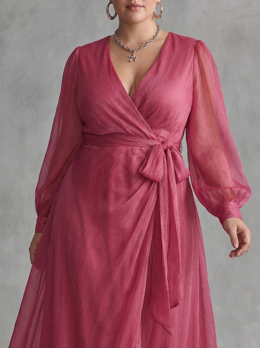 Elegant long pink chiffon dress with pearls and V-neck for women - Plus size model