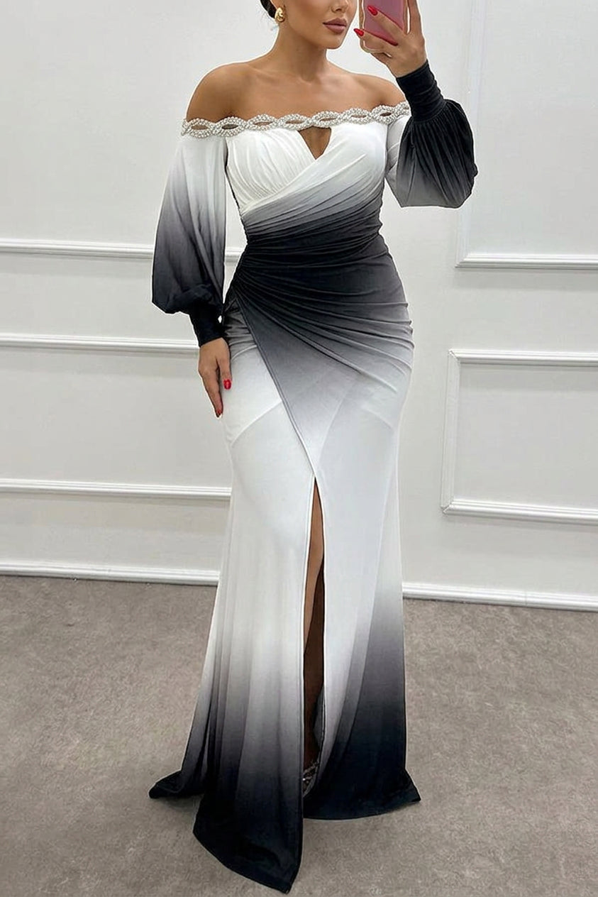 Julieta - Gradient Print Off Shoulder Gem Detail Slit Gown Maxi Dress - Plus size model
