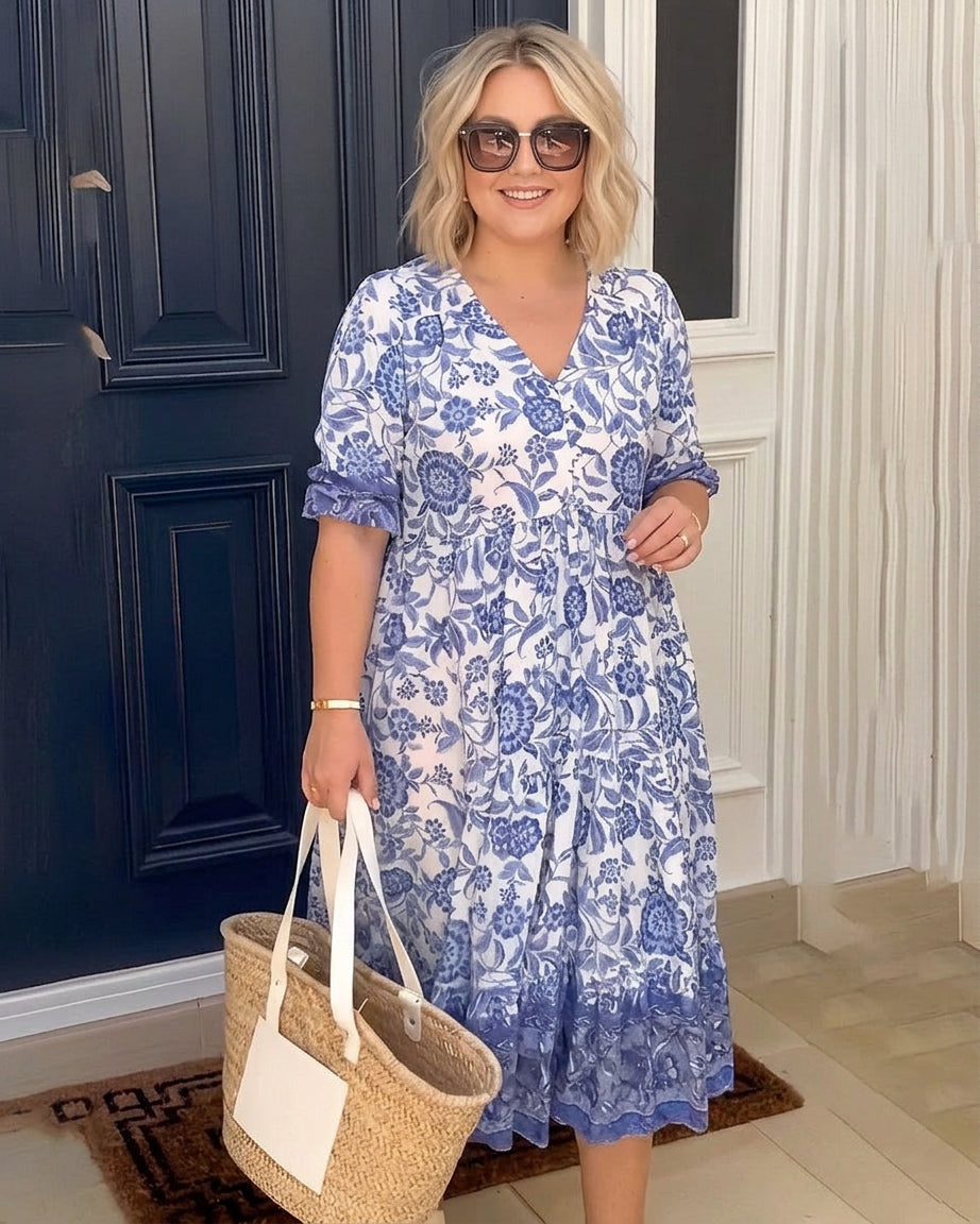Ellie | Graceful V-Neck Floral Dress - Plus size model