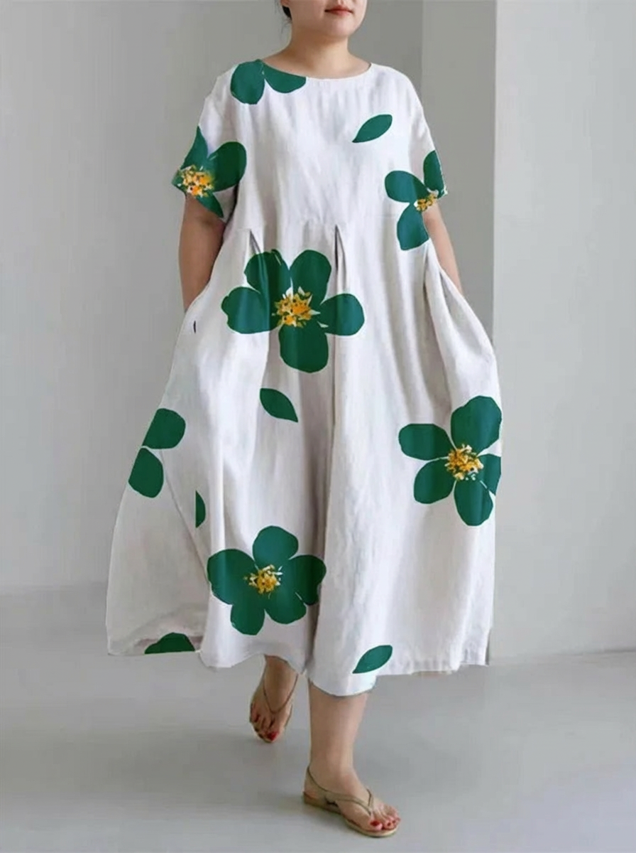 Women's spring and summer casual loose round neck floral skirt dress - Plus size model