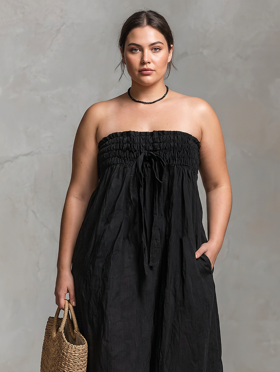 Elizabeth - Loose-Fit Linen-Blend Strapless Jumpsuit - Plus size model