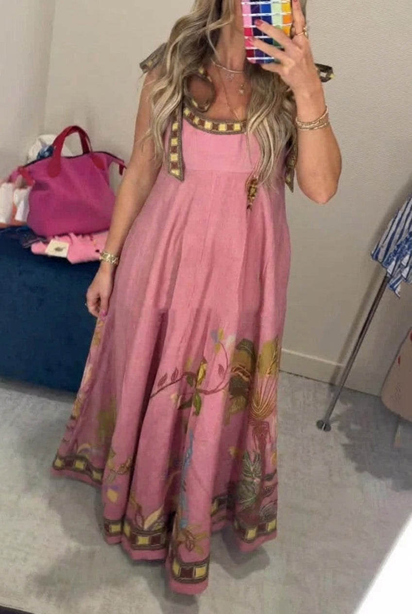 Monroe - Linen Blend Unique Printed Tie-up Suspenders Pocket Elegant Maxi Dress - Plus size model