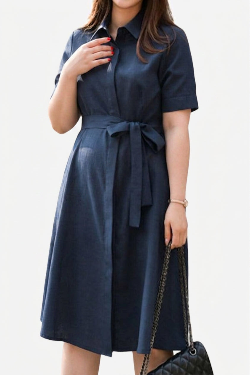 Vanessa - Navy Belted Shirt Dress - Plus size model