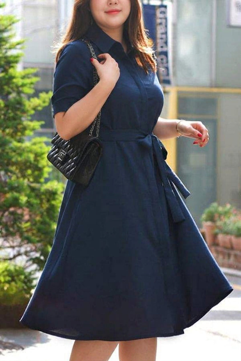 Vanessa - Navy Belted Shirt Dress - Plus size model