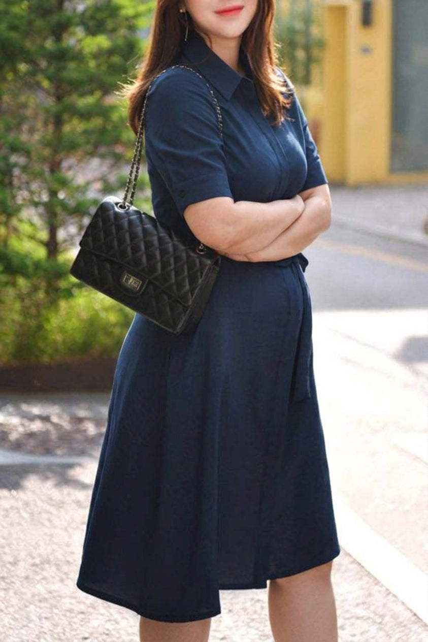 Vanessa - Navy Belted Shirt Dress - Plus size model