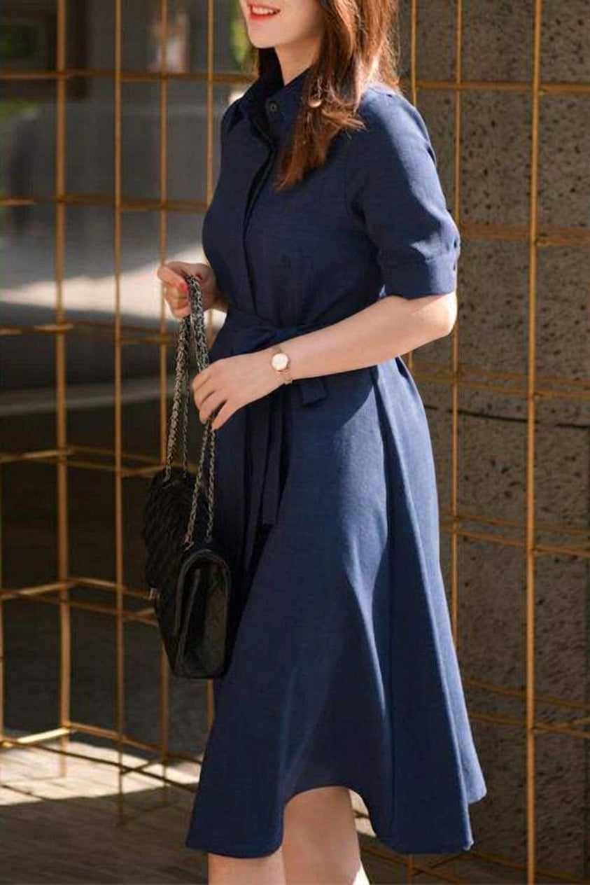 Vanessa - Navy Belted Shirt Dress - Plus size model