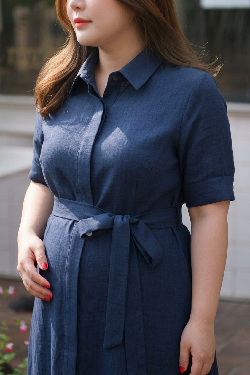 Vanessa - Navy Belted Shirt Dress - Plus size model