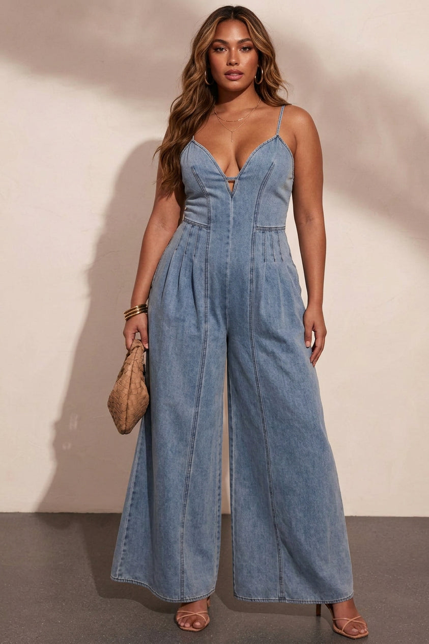 Alina - Vintage Washed Denim Halter Wide-Leg Jumpsuit - Plus size model