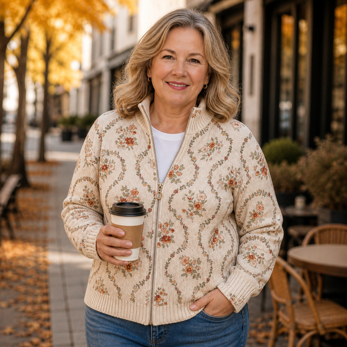 Janet | Romantic Floral Zip Cardigan - Plus size model