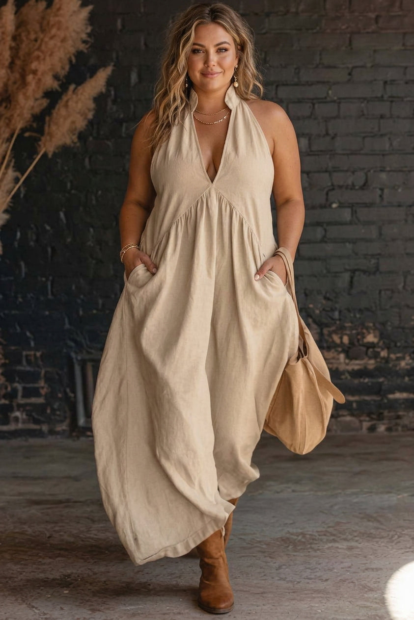 Morgan - Bohemian Halter V-Neck Linen Maxi Dress - Plus size model
