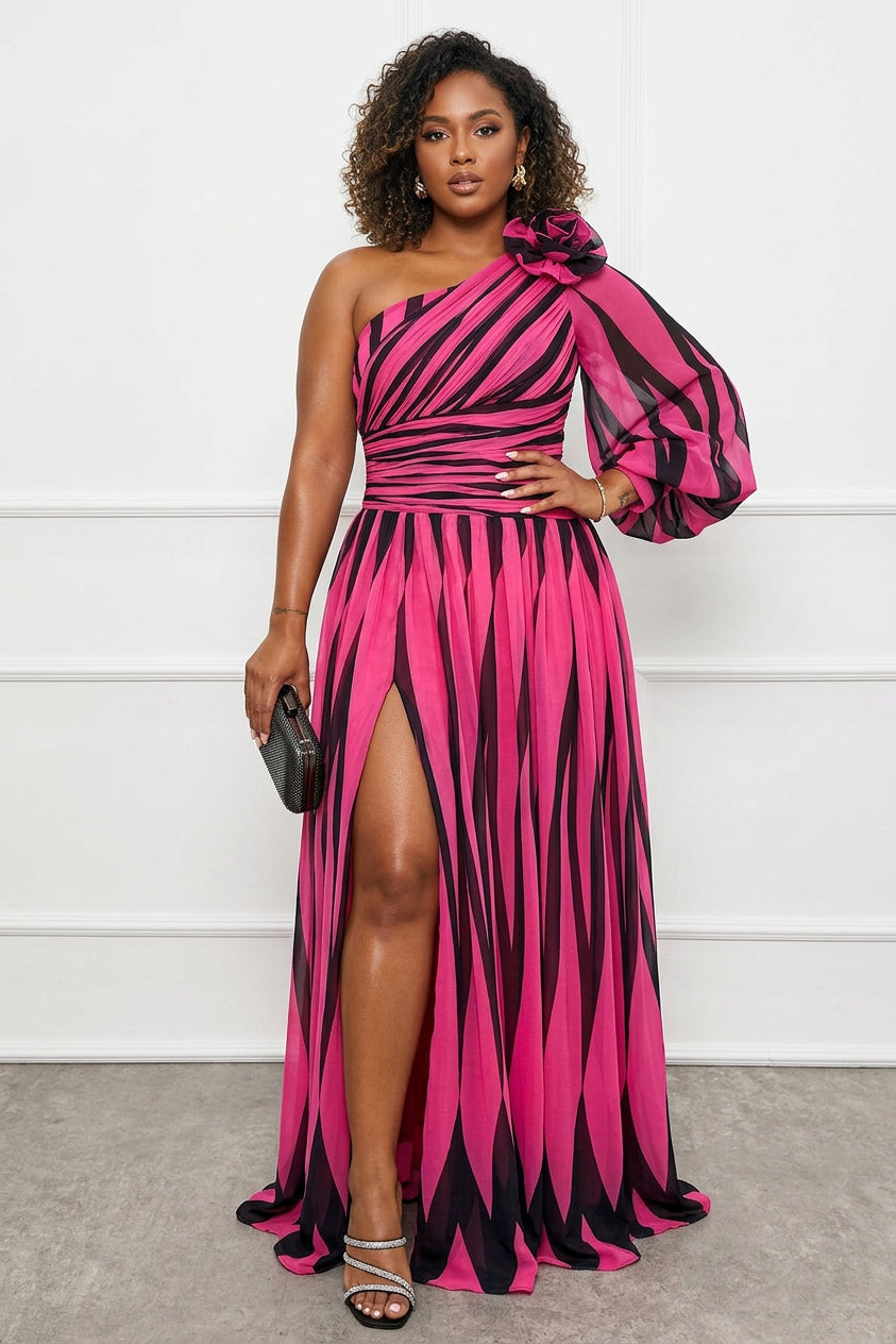 Annalise - One Shoulder Pleated Slit Maxi Dress - Plus size model