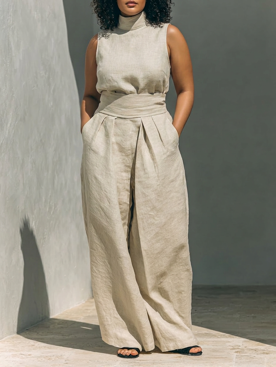 Set consisting of a sleeveless blouse and wide-leg pants made of a cotton-linen blend. - Plus size model