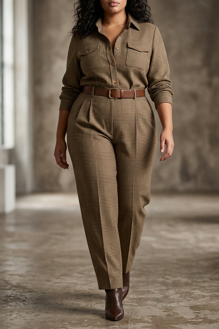 Skylar - Brown Sophisticated Tweed Texture Plaid Utility Jumpsuit - Plus size model