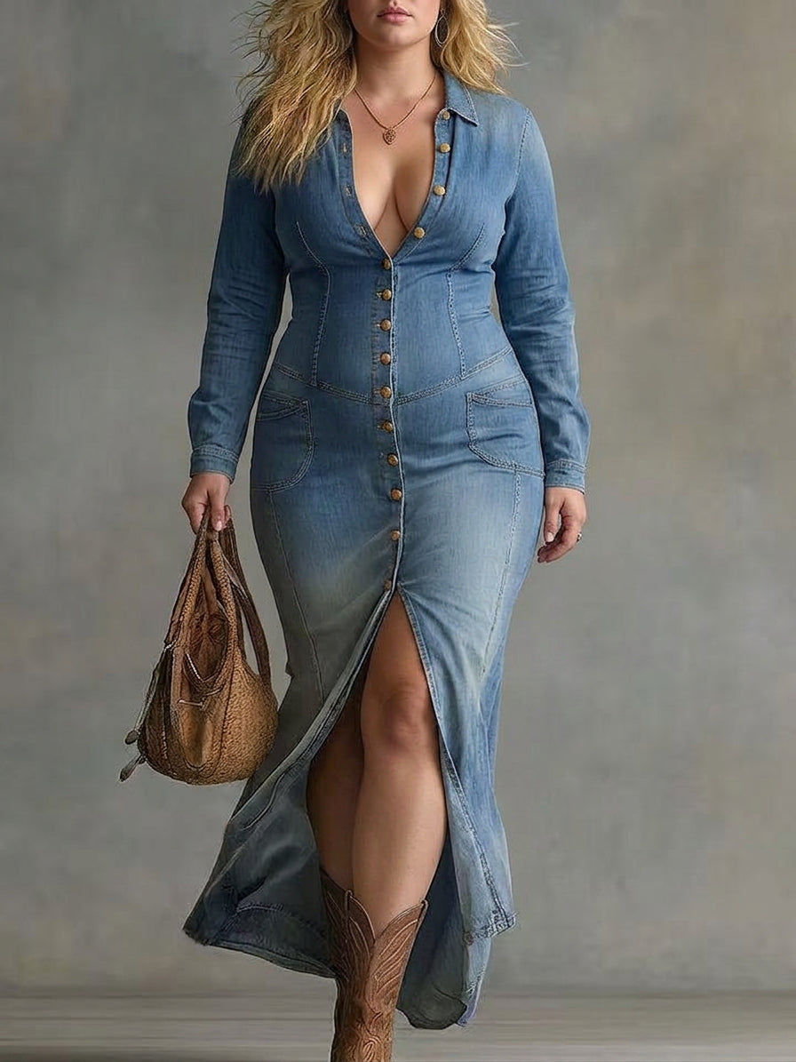 Paisley Maxi Denim Dress - Plus size model