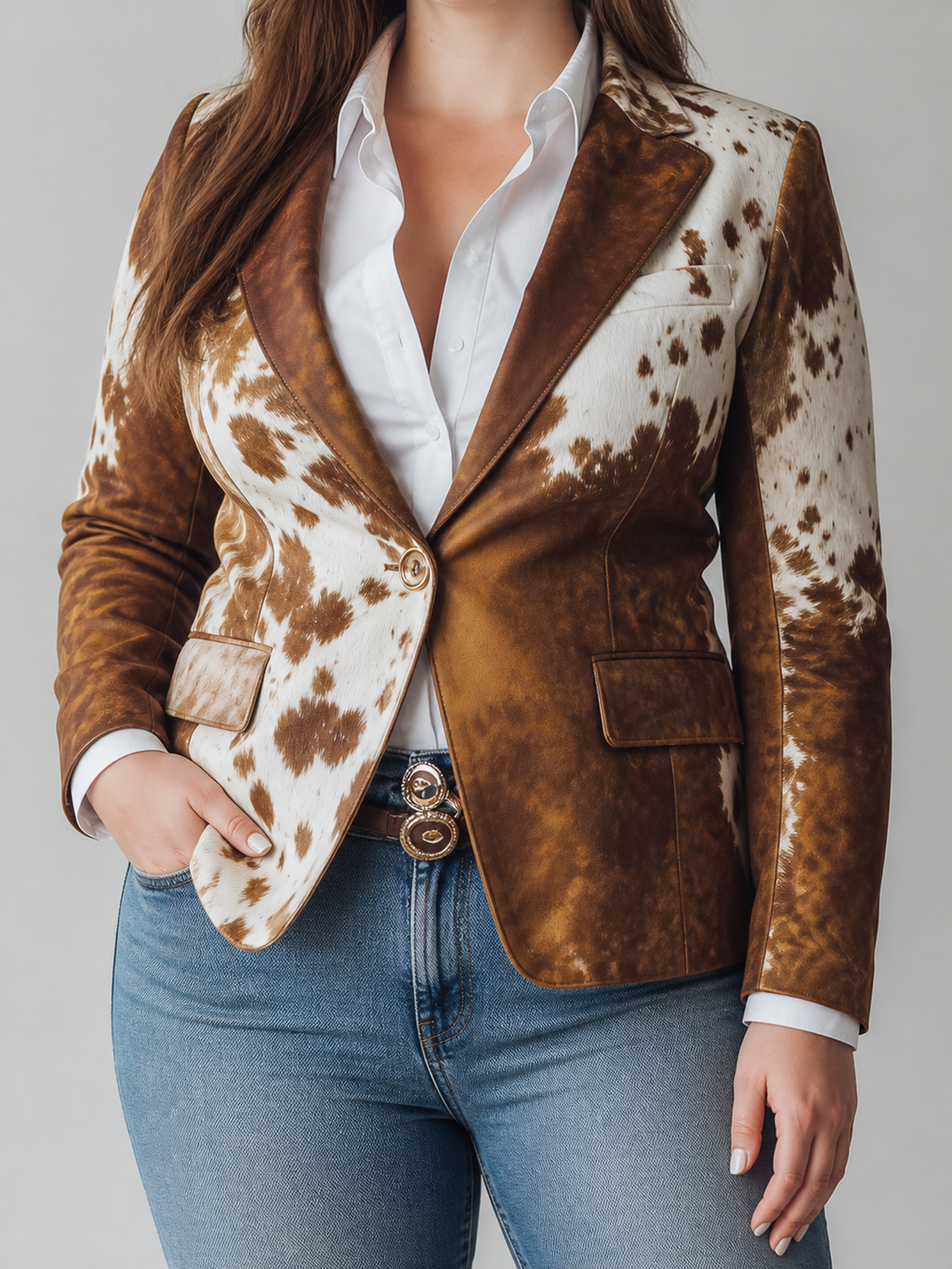 Women’s Vintage Cow Print Eco Friendly Blazer - Plus size model