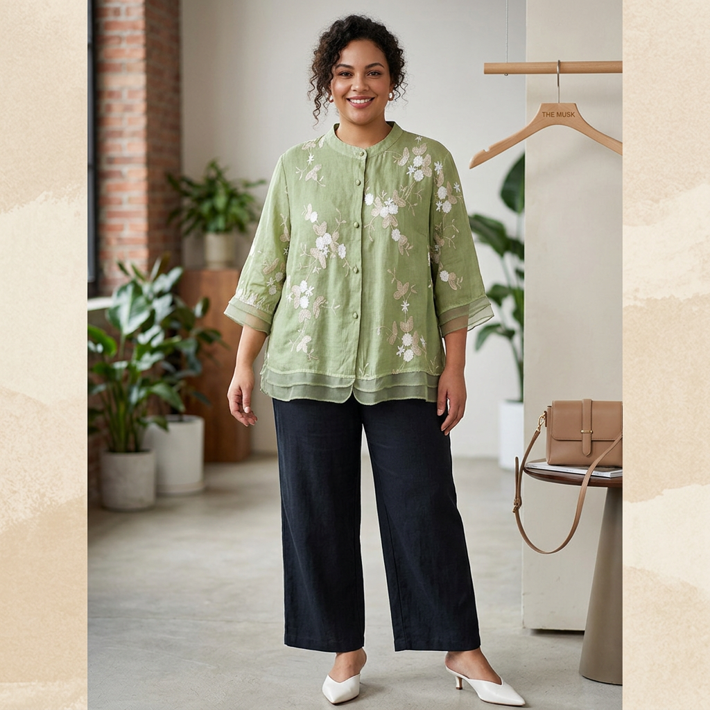 Lily - Pure Cotton Embroidered Shirt - Plus size model