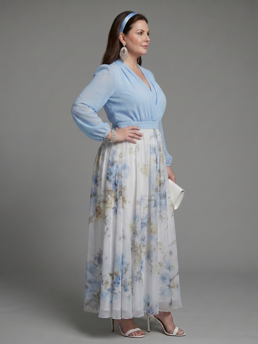 Augusta | V Neck Sheer Bodice Floral Maxi Dress - Plus size model