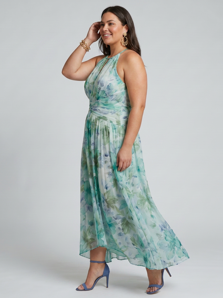 Portia | Pleated Halter Soft Floral Pattern Midi Dress - Plus size model