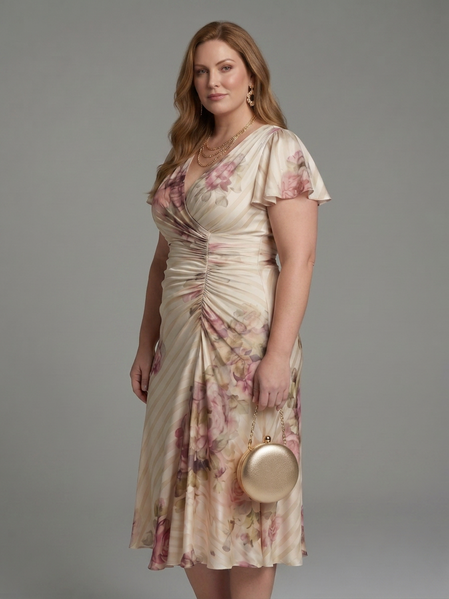 Katarina | Flutter Sleeve Wrap Floral Stripe Print Midi Dress - Plus size model