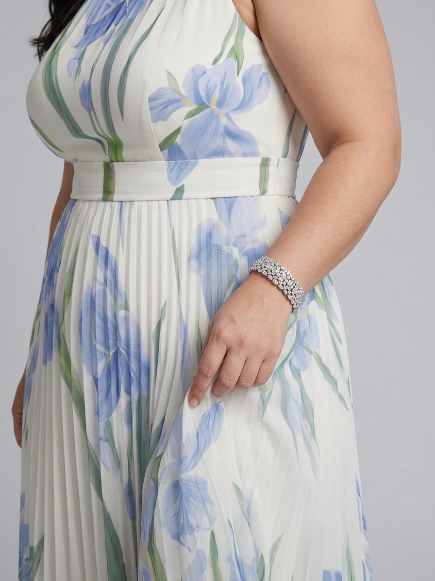 Ophelia | Sleeveless Square Neck Floral Print Midi Dress - Plus size model