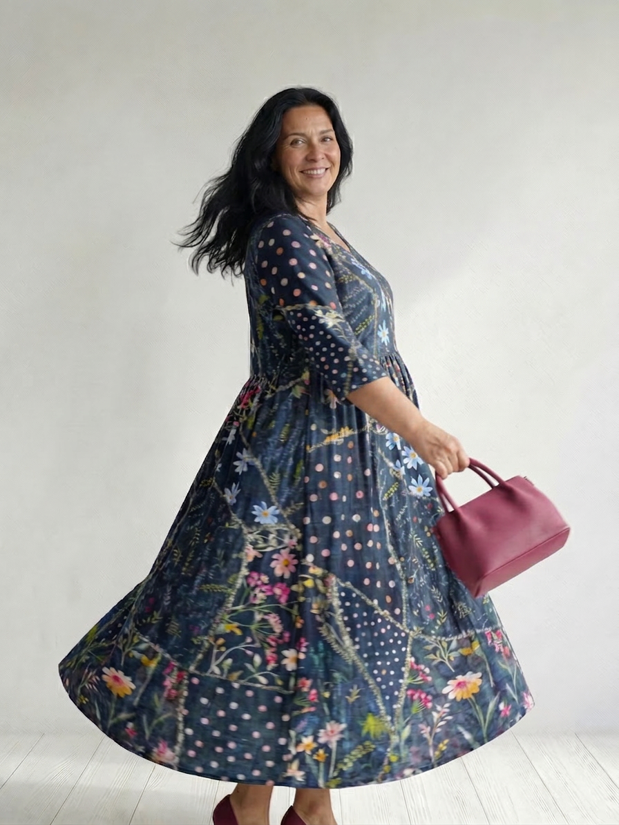 Zane | Easy Gather Floral Midi Dress - Plus size model