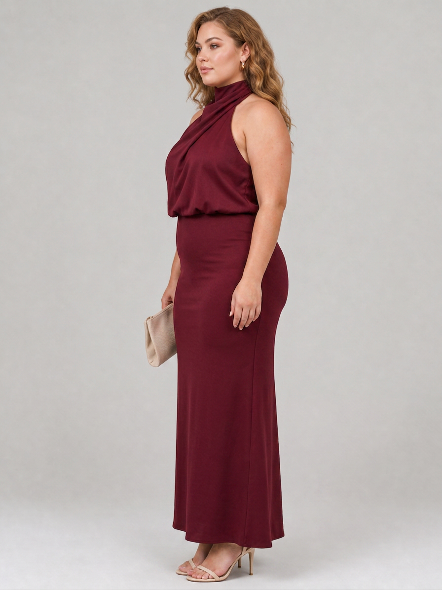 Nopal | Sleeveless Draped Neck Midi Dress - Plus size model