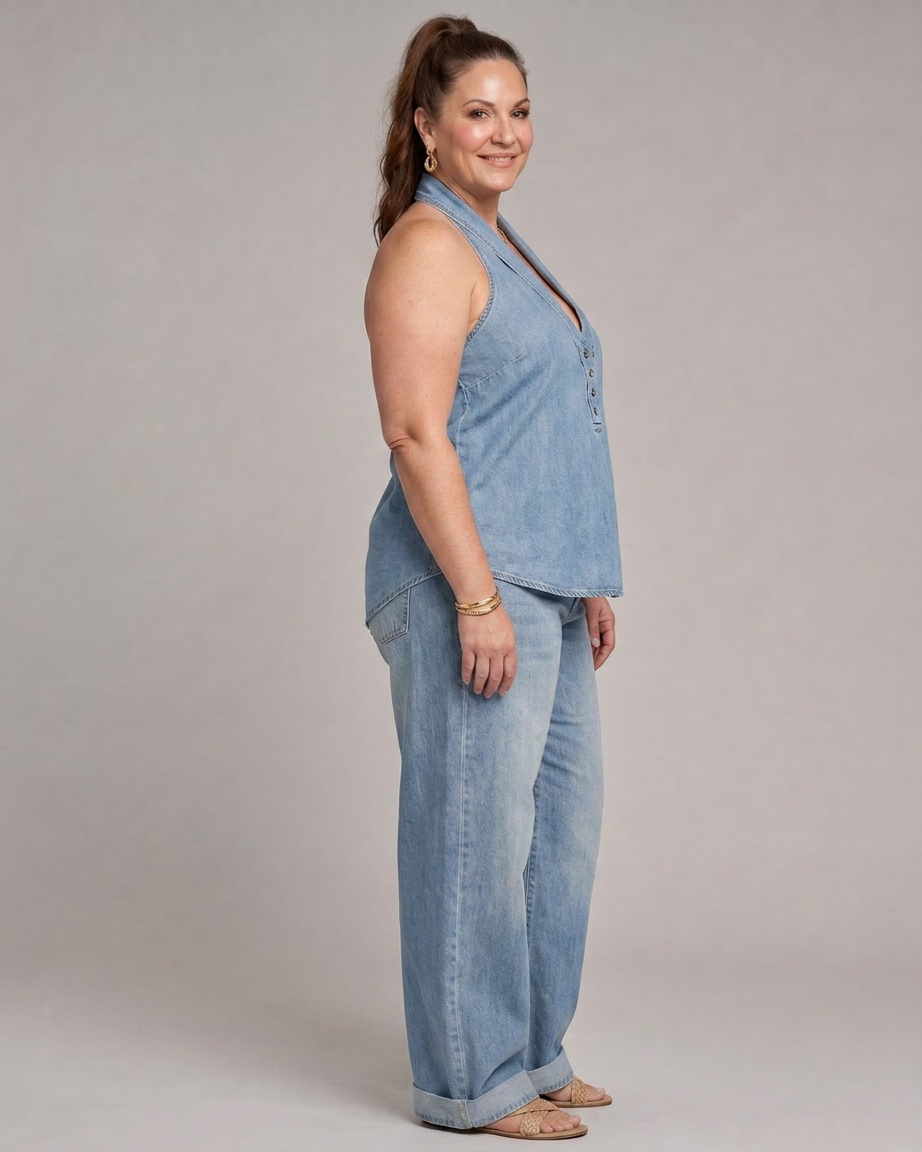 Zorelle | Halter Neck Denim Top And Wide Leg Pants Set - Plus size model