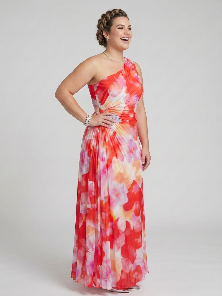 Taya | One Shoulder Pleated Bodice Midi Dress - Plus size model