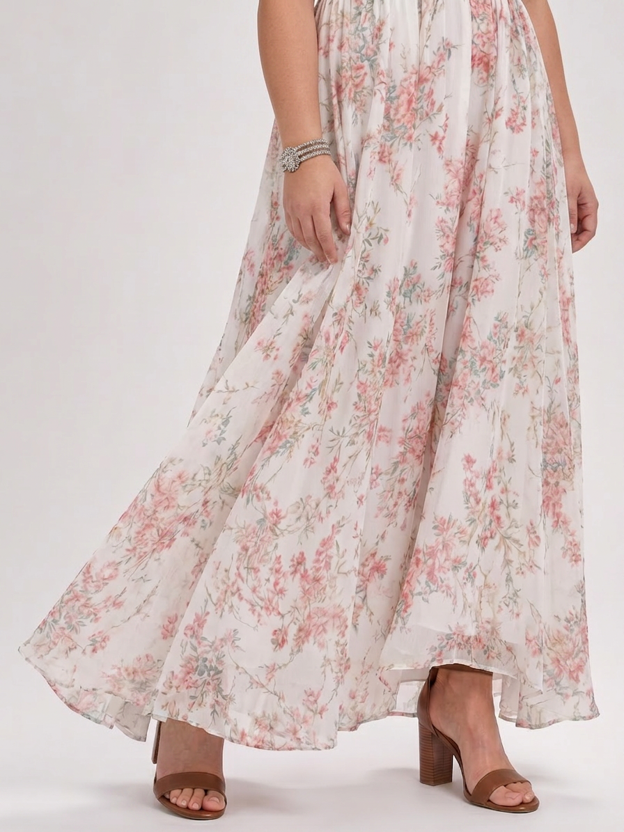 Guinevere | Floral Print Flowing Skirt Midi Dress - Plus size model