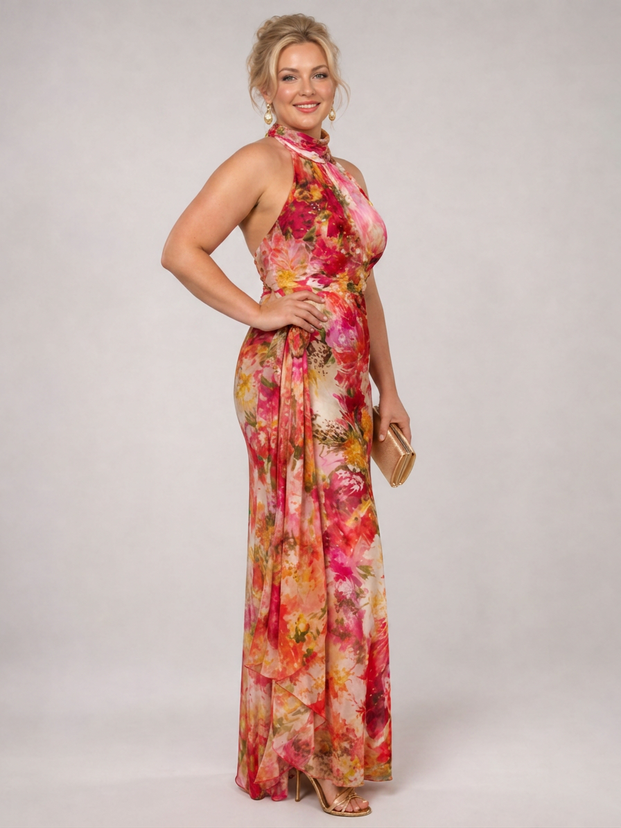 Elisabetta | Halter Neck Floral Print Maxi Dress - Plus size model